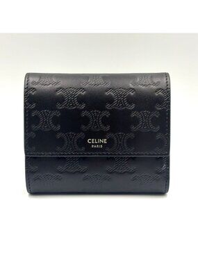 Celine Trifold Leather Black Wallet Silver